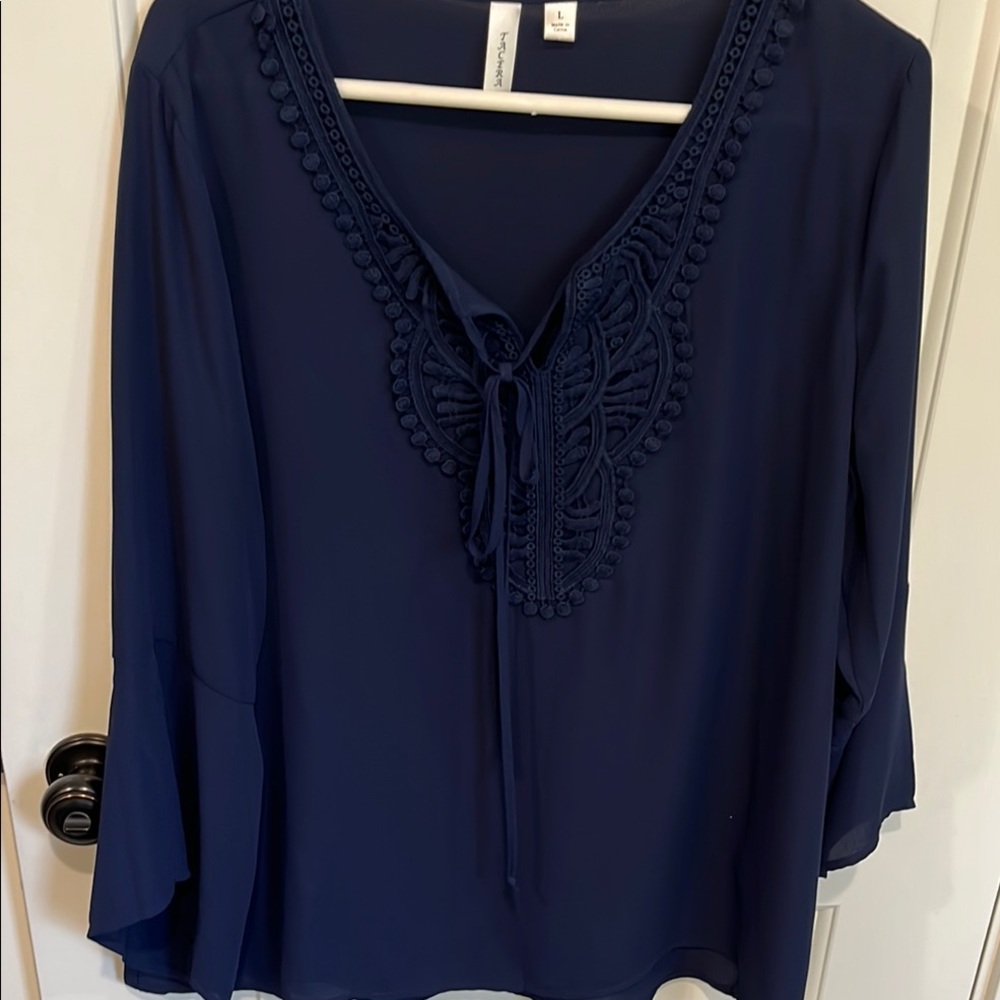 Tacera Blue 3/4 Sleeve Tie Front Blouse